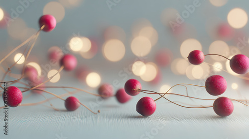 Red berries on thin branches with soft glowing lights and smooth background