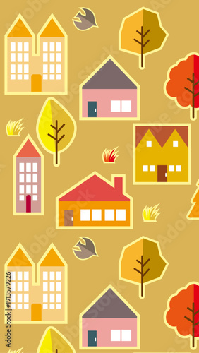 秋の森のイラスト　紅葉の季節の背景イラスト