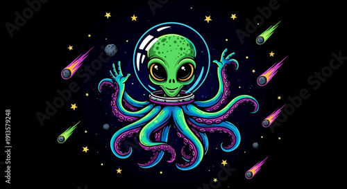 Cute cartoon alien octopus in a space helmet floating in the cosmos.
