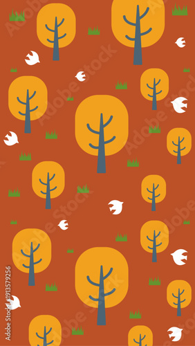 秋の森のイラスト　紅葉の季節の背景イラスト