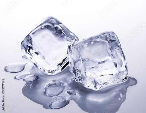 Two melting ice cubes with water droplets on white background