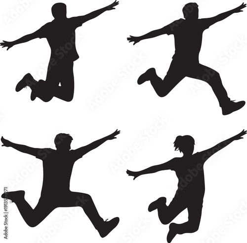 Four jumping people in different poses on white background
