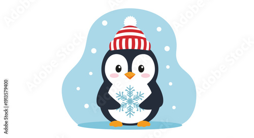 Cute cartoon penguin wearing a striped winter hat holding a snowflake.