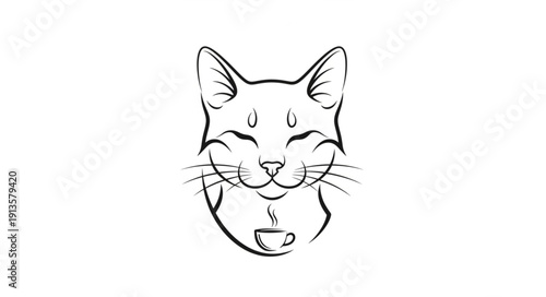 Cute cat face with a coffee cup illustration.