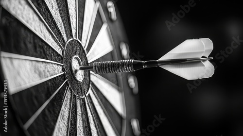 Black and white conceptual dart shot hitting the bullseye on a dartboard with a single arrow in a dark background with target