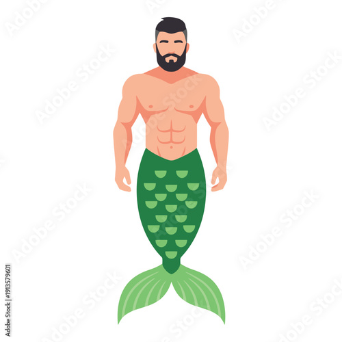 Muscular bearded man with green mermaid tail standing alone icon