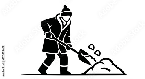 Man shoveling snow in winter, winter work, cold weather, illustration