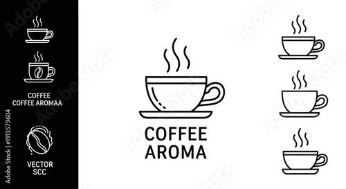 Hot Coffee Cup Icon Set - Steaming Aroma and Bean