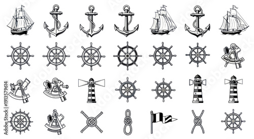Nautical Icons Set: Ships, Anchors, Wheels, Lighthouses, Flags, Sextants