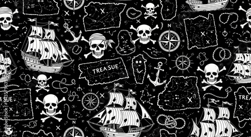 Pirate Treasure Map Pattern: Skulls, Ships, Compasses, Anchors, Black & White