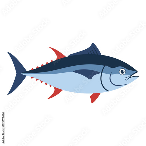 Cartoon blue tuna fish with red fins and tail isolated on white background icon