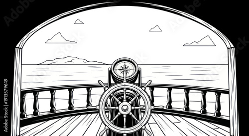 Ship's wheel and compass on deck overlooking ocean, island and sky, vintage illustration