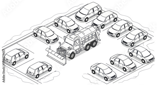 Snow plow truck clearing snow from a parking lot with cars