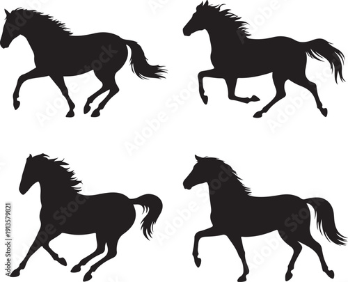 Four black horse silhouettes running in different positions side view