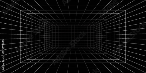 Futuristic perspective grid box. Abstract wireframe with white grid line on black background.