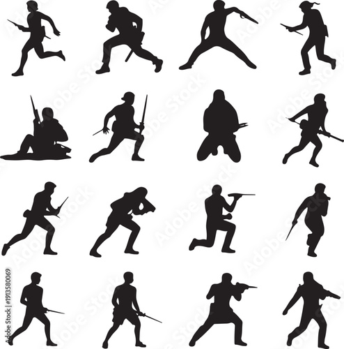 set of black silhouettes of men with weapons in various combat poses