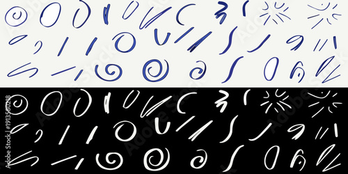 Abstract doodles of various shapes and symbols in blue and black