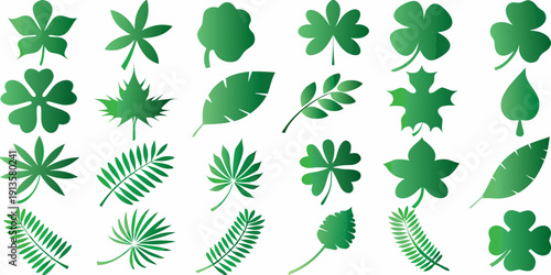 Collection of various green leaves and clover shapes on a white background