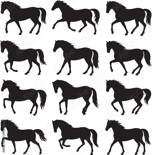 set of black horse silhouettes in various running poses