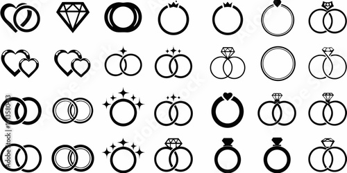Collection of black and white jewelry icons featuring rings hearts and diamonds