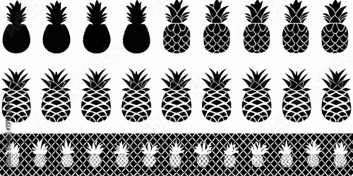 A repeating pattern of black and white pineapple illustrations in rows