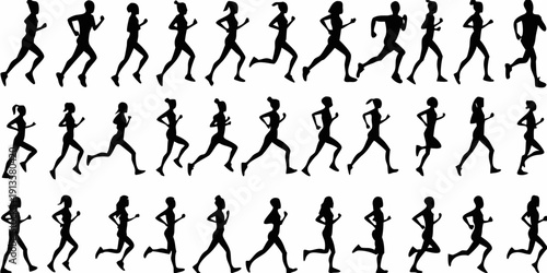 Silhouettes of running people in various poses arranged in rows