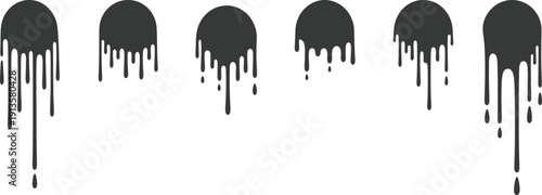 Five black paint drips on a white background
