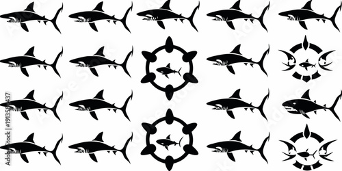 A repeating pattern of black sharks and related marine life designs