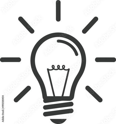 Simple black and white light bulb icon with radiating lines