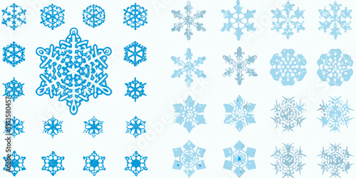 Collection of intricate blue snowflakes arranged on a white background