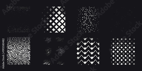 Abstract black and white patterns arranged in a grid formation