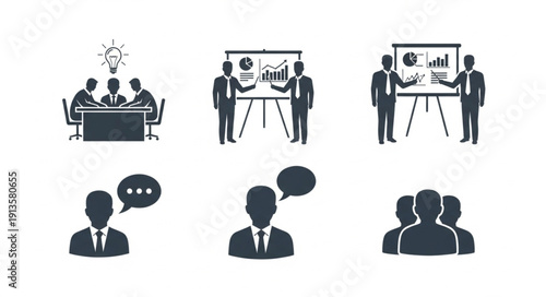 Business meeting and presentation icons set.