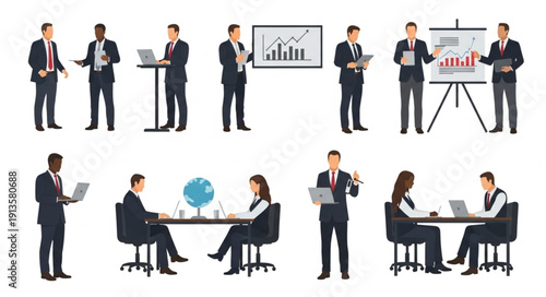 Business professionals in various meeting and presentation scenarios.