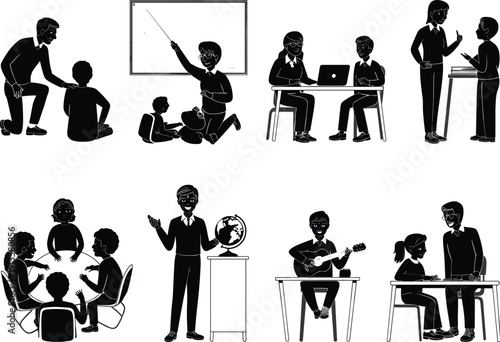 Black and white of teachers and students in various educational activities classroom