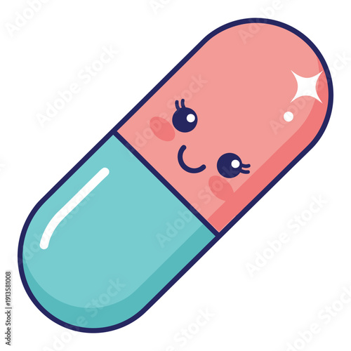 Cartoon smiling pill capsule with happy face and shiny sparkle icon