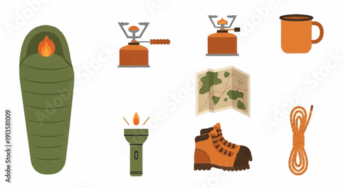 Camping gear illustration featuring sleeping bag, boots, and coffee equipment