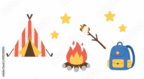 Camping scene with tent, campfire, and backpack under starry night sky illustration