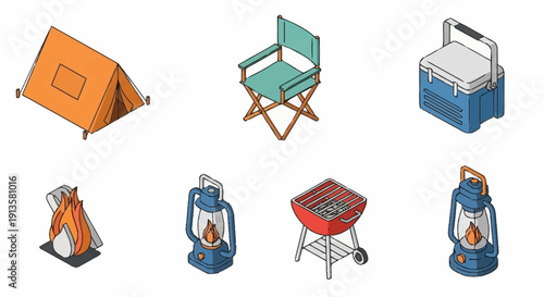 Camping gear illustrations including tent, chair, cooler, grill, lantern, and camping stove in a graphic layout