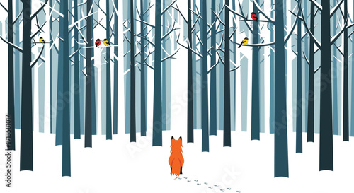 Small orange fox stands in a snowy winter forest looking toward tall, bare blue-tinged trees with small birds perched.