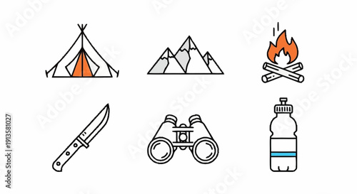 Camping adventure in the mountains with tent, knife, binoculars, and water bottle near a campfire