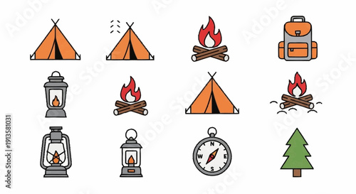 Camping icons collection featuring tent, campfire, lantern, compass, and tree illustration for outdoor adventure