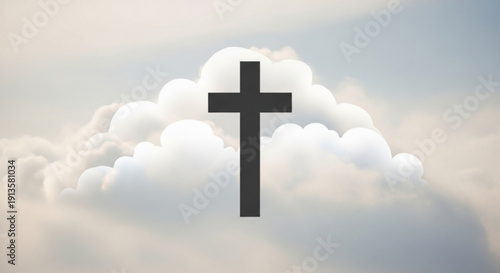 Black Cross on White Clouds against Blue Sky, Symbolizing Faith