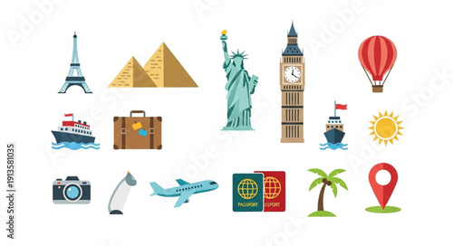 Collection of famous landmarks and travel icons.