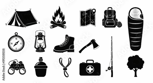 Camping icons collection featuring outdoor gear, safety equipment, and travel accessories for adventure and nature exploration