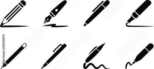 Eight black and white writing instruments including pencils and pens with different tips and styles