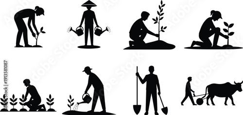Silhouettes of people engaging in various farming and gardening activities with tools and animals