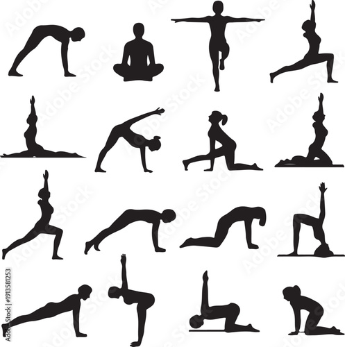 set of women in various yoga poses on white background