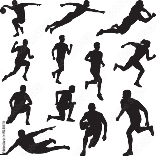 set of silhouettes of people running and jumping in various dynamic poses