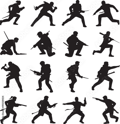 set of silhouettes of soldiers in various combat poses and actions