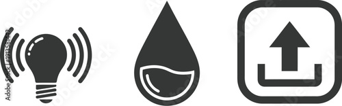 Set of three dark icons showing a smart lightbulb with signal waves, a water droplet, and an upload arrow inside a square.